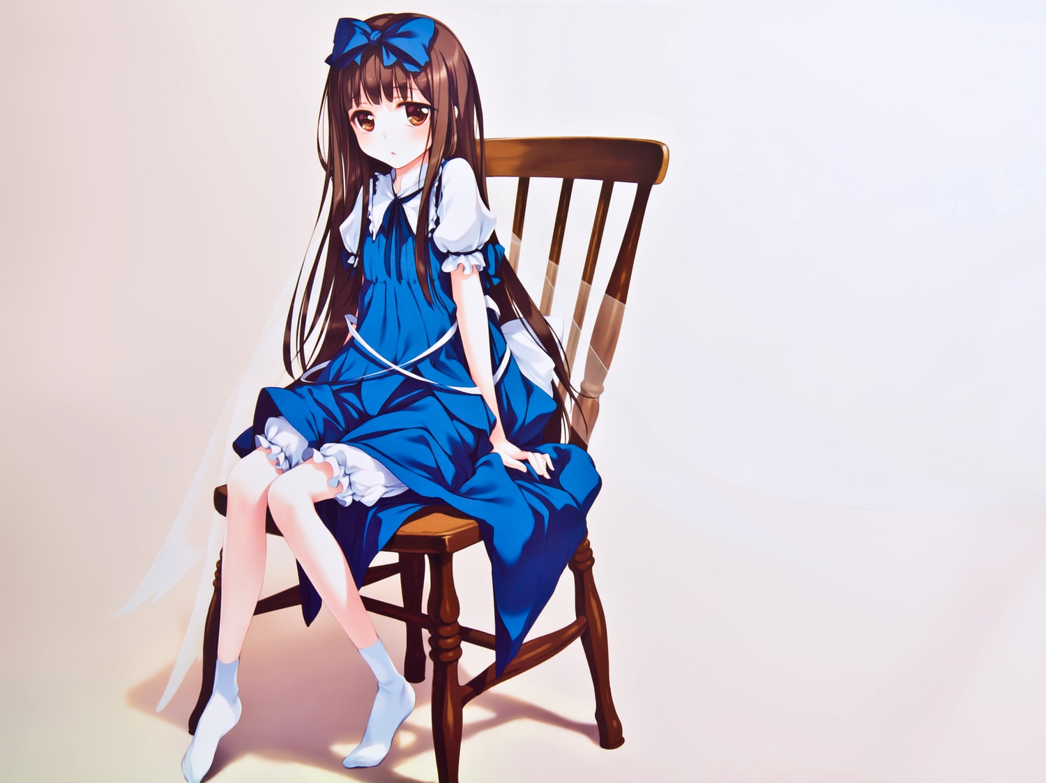 bloomers, bow, brown_eyes, brown_hair, dress, fairy, ke-ta, long_hair, scan, socks, star_sapphire, touhou, wings