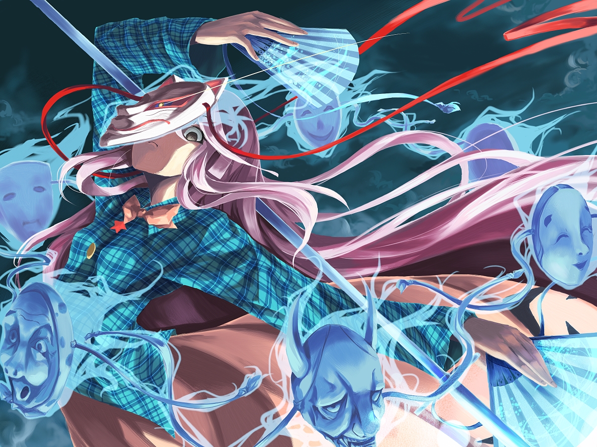 bow, fan, gray_eyes, hata_no_kokoro, long_hair, mask, pink_hair, ribbons
