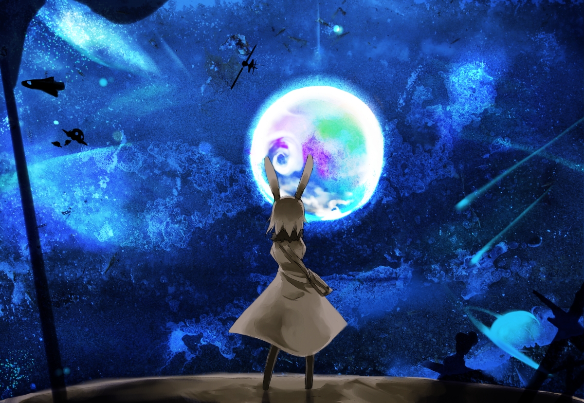 animal_ears, bunny_ears, bunnygirl, dress, gumi, planet, polychromatic, sky