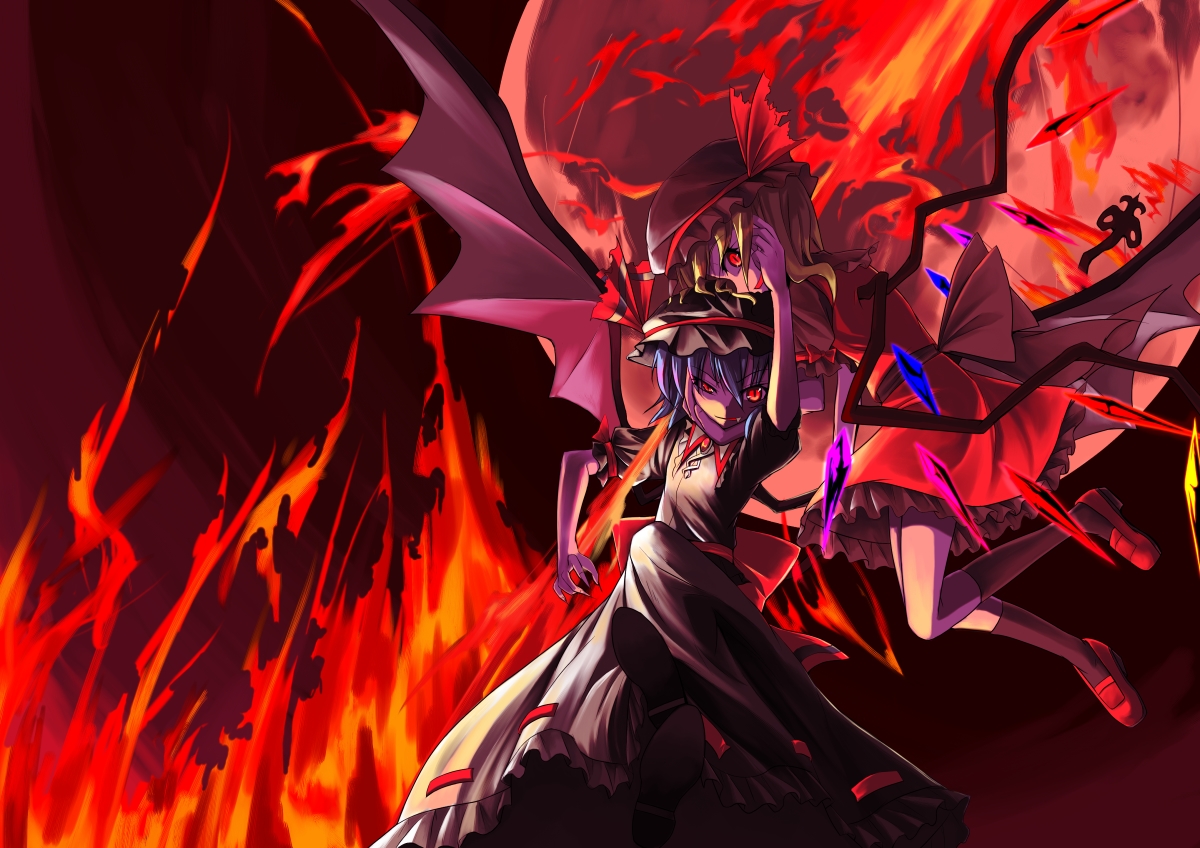 2girls, blonde_hair, blue_hair, dress, fire, flandre_scarlet, hat, red_eyes