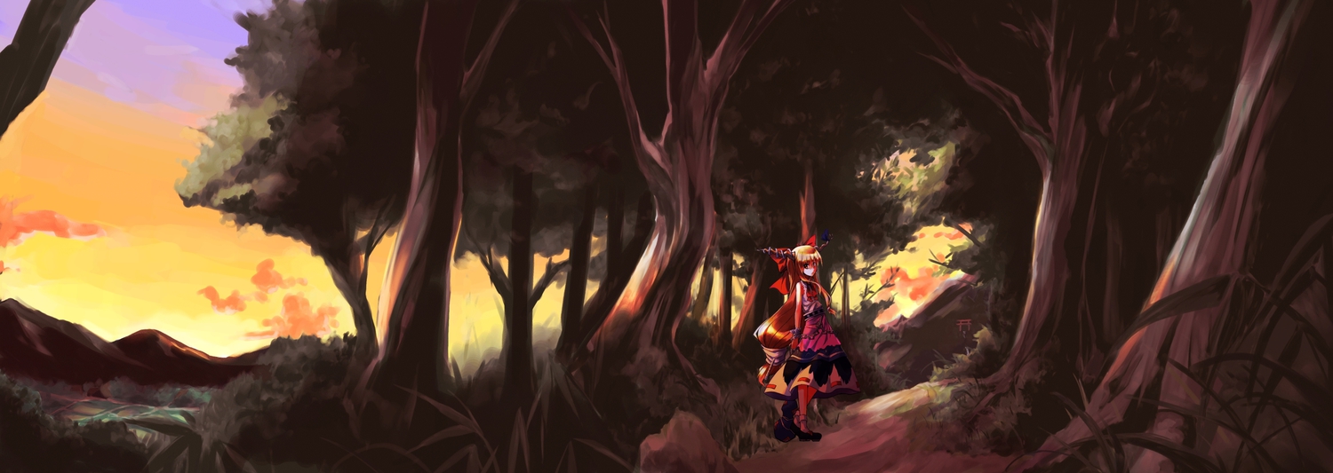 brown_hair, clouds, dress, dualscreen, forest, horns, ibuki_suika, landscape