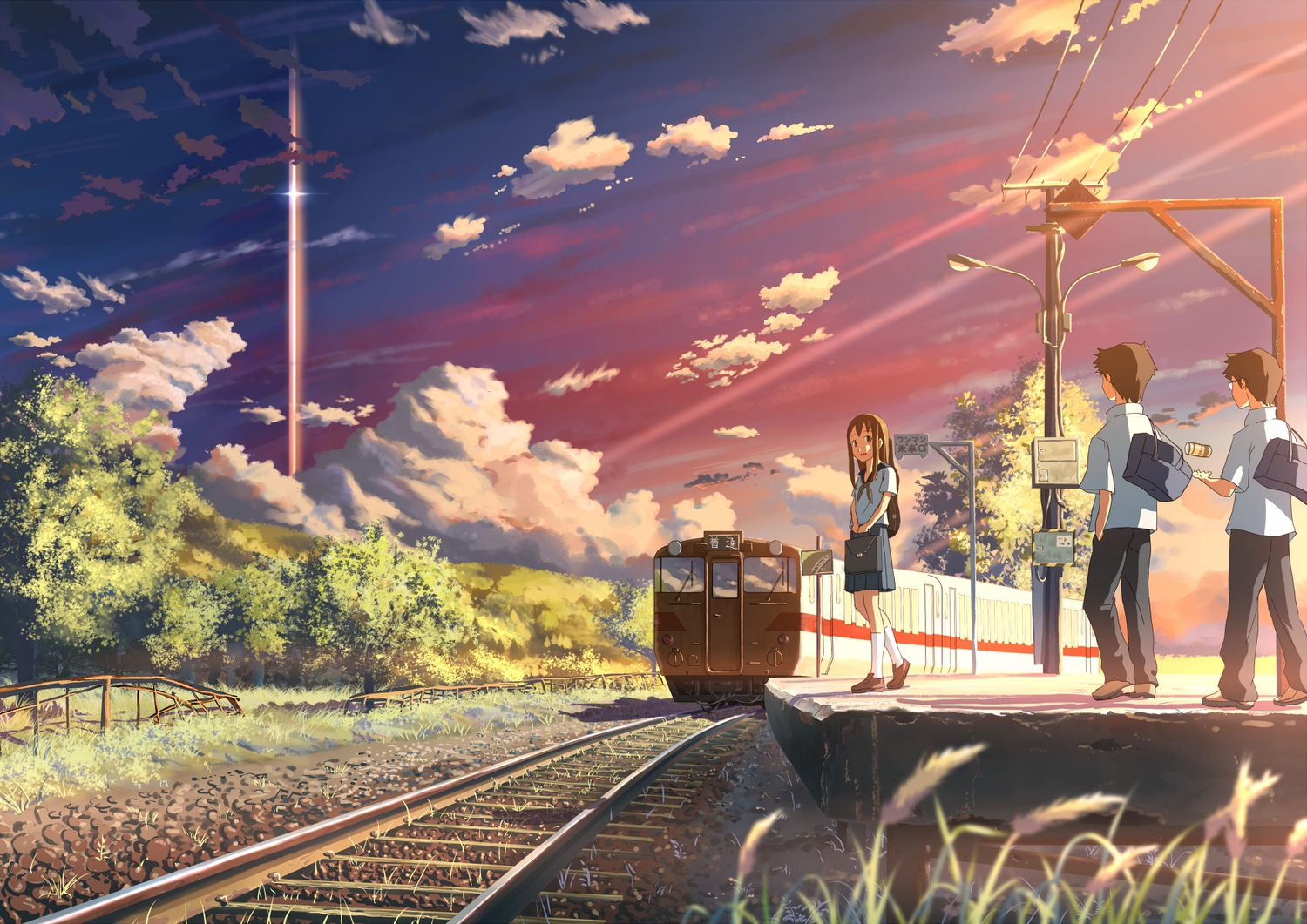 clouds, forest, grass, kumo_no_mukou_yakusoku_no_basho, macnaut, school_uniform, sky, sunset