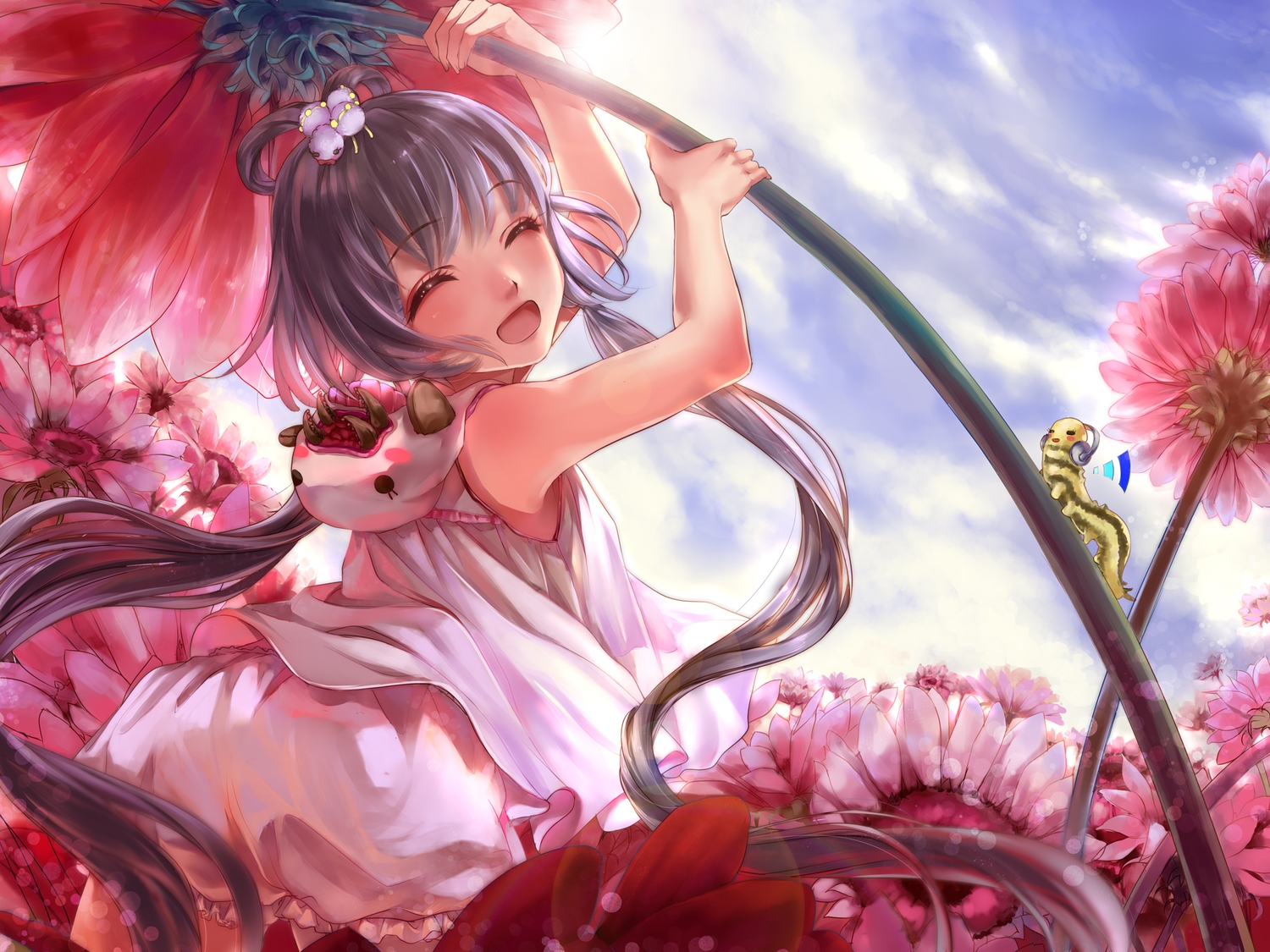 animal, bloomers, flowers, gray_hair, headphones, hood, liiko, long_hair, luo_tianyi, twintails, vocaloid, vsinger