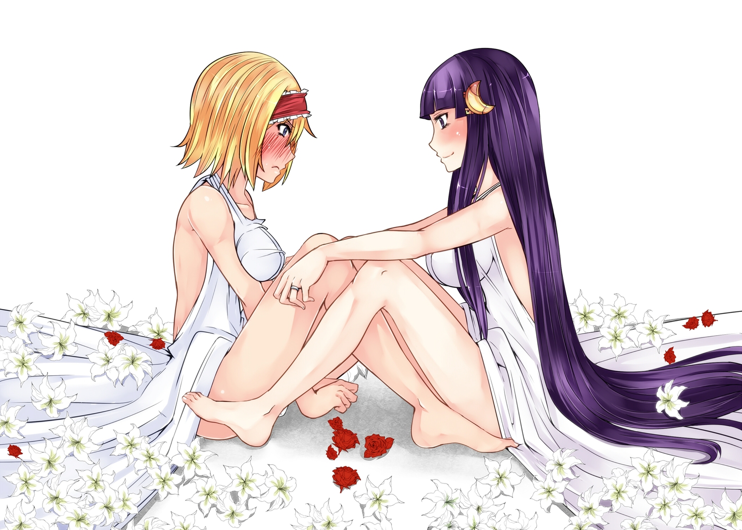 2girls, alice_margatroid, aoshima, barefoot, blonde_hair, blush, dress, flowers, long_hair, patchouli_knowledge, purple_hair, short_hair, touhou
