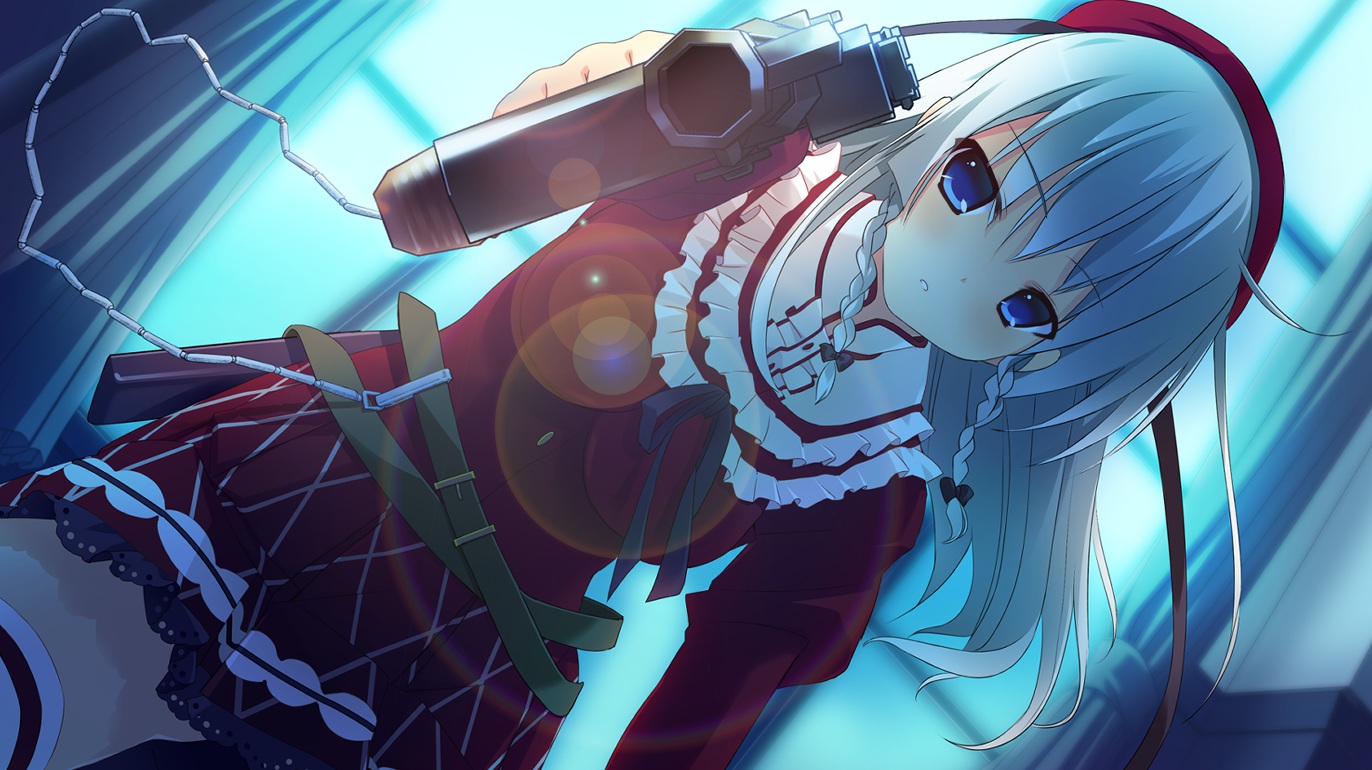 blue_eyes, ex-one, game_cg, gray_hair, gun, long_hair, migiwa_fuyu, school_uniform, takashina_masato, tsukiakari_lunch, weapon