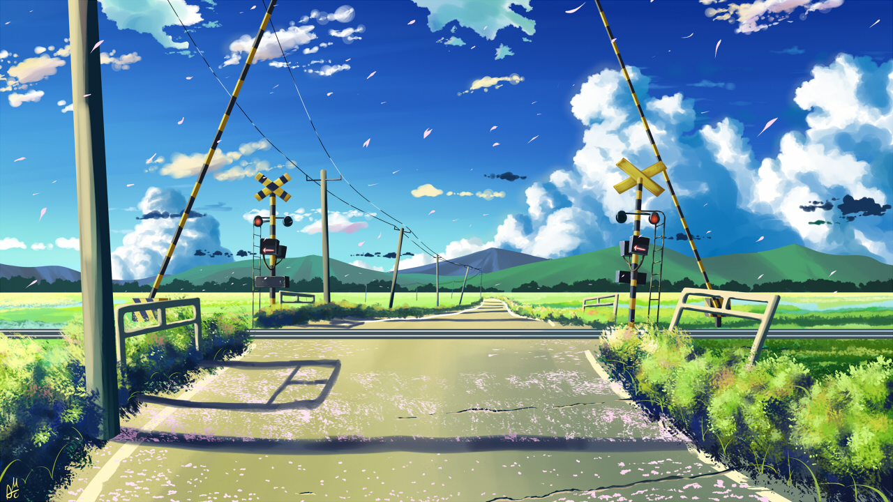 byousoku_5_centimetre, clouds, grass, landscape, macnaut, no_humans, original, petals