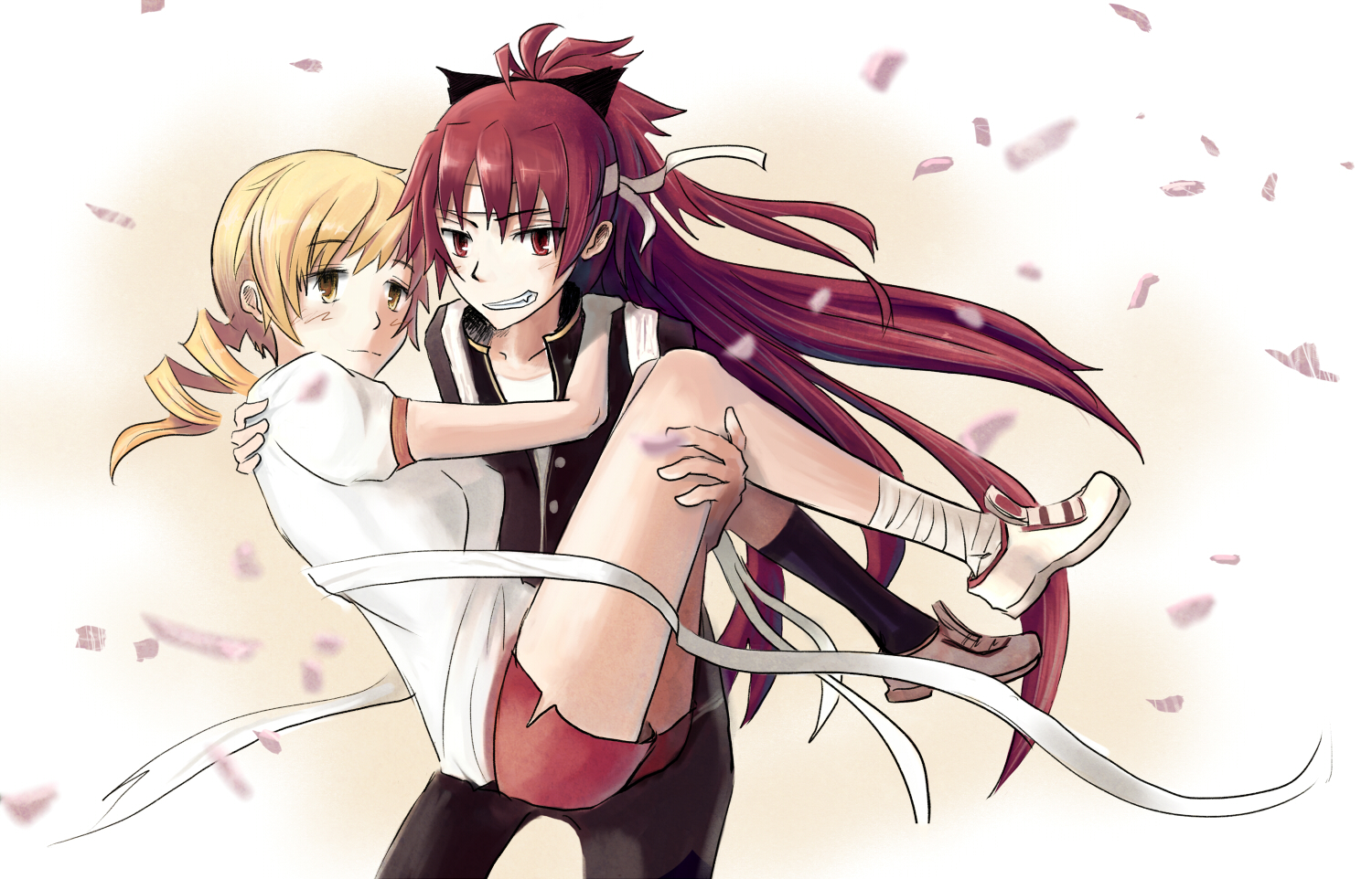 2girls, bandage, die_(artist), gym_uniform, mahou_shoujo_madoka_magica, petals, sakura_kyouko, tomoe_mami