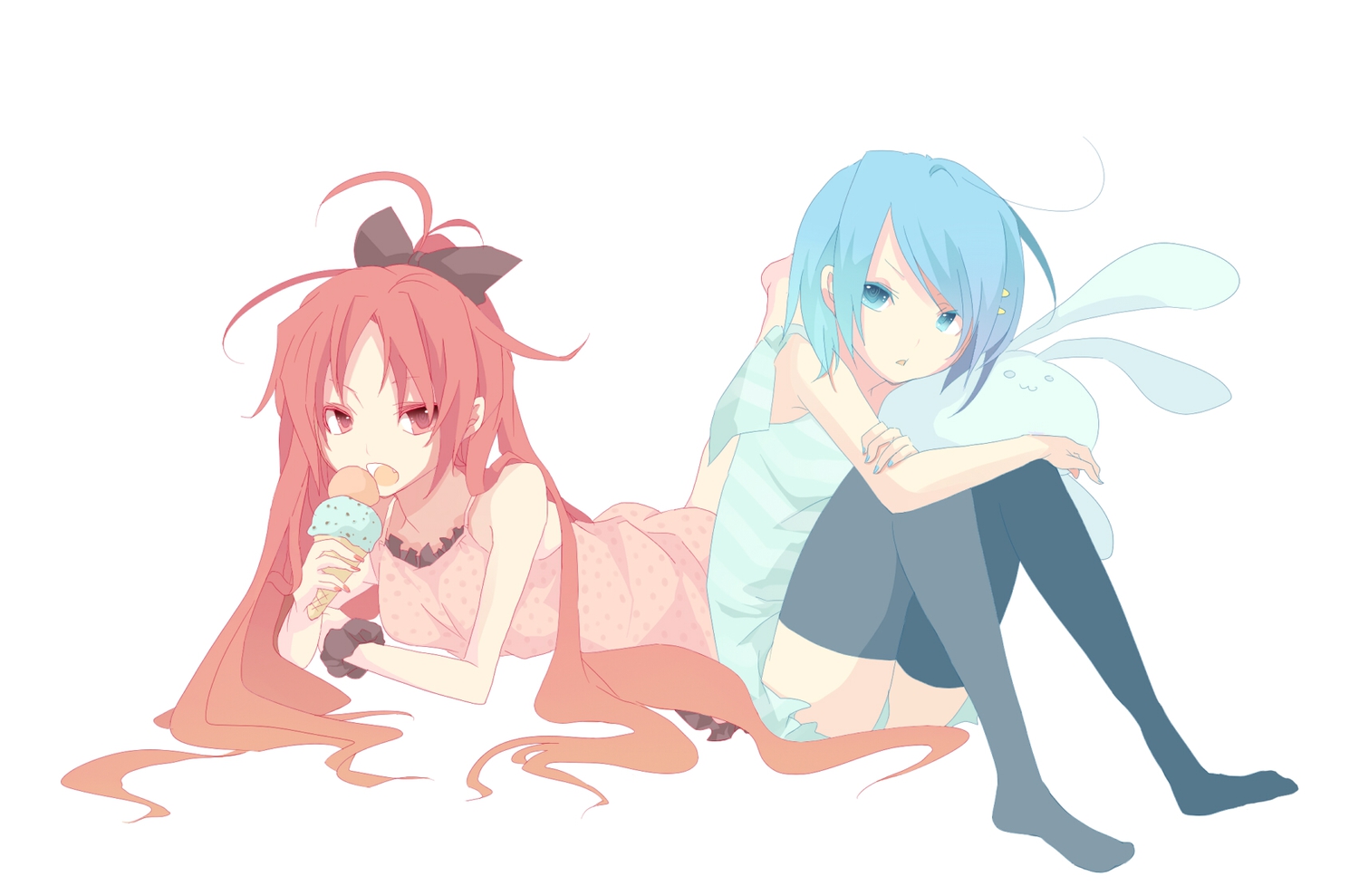 2girls, food, ice_cream, mahou_shoujo_madoka_magica, miki_sayaka, mmco, sakura_kyouko, thighhighs, white