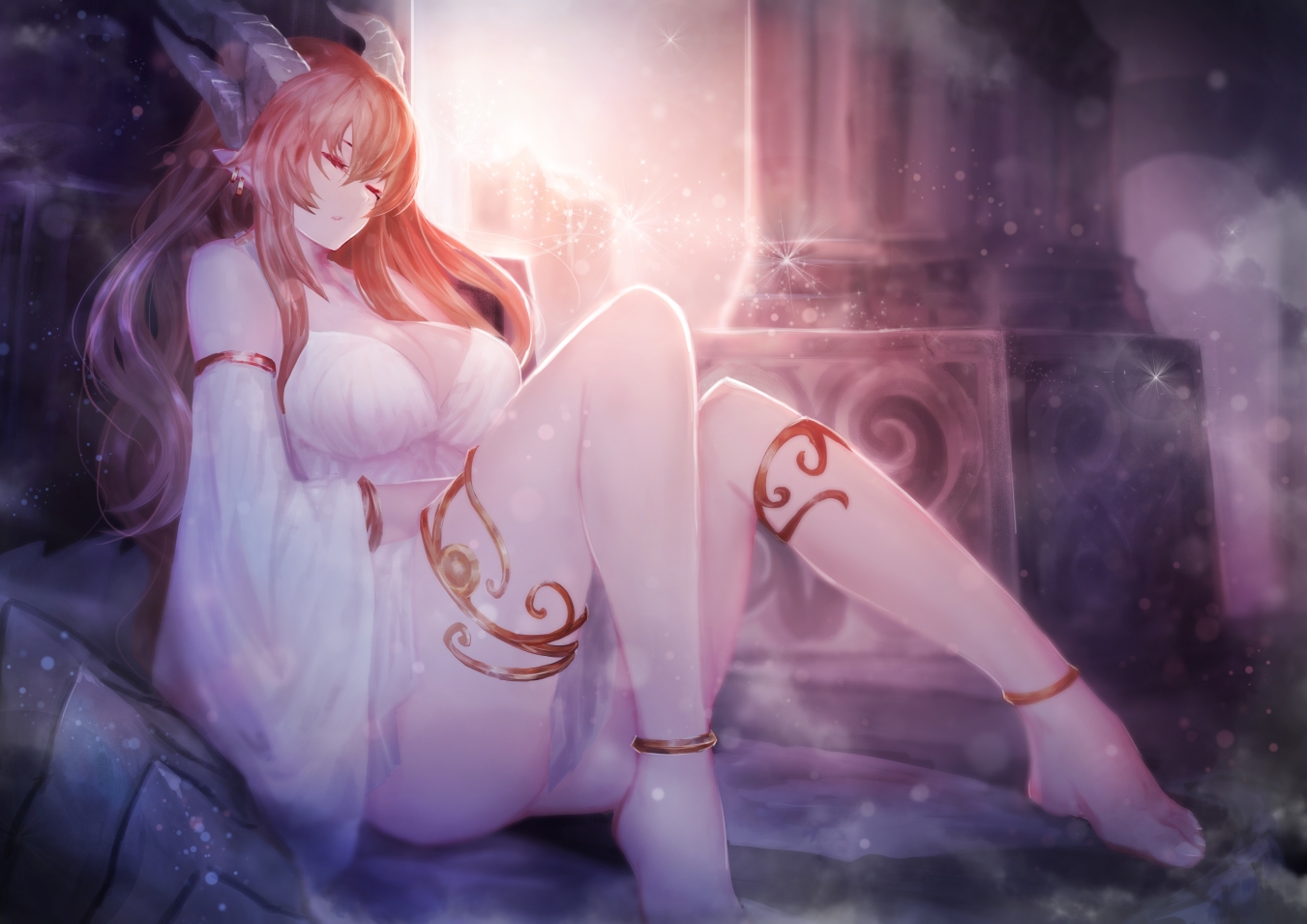 barefoot, breasts, cleavage, horns, original, pointed_ears, sleeping, yaoya_musuko