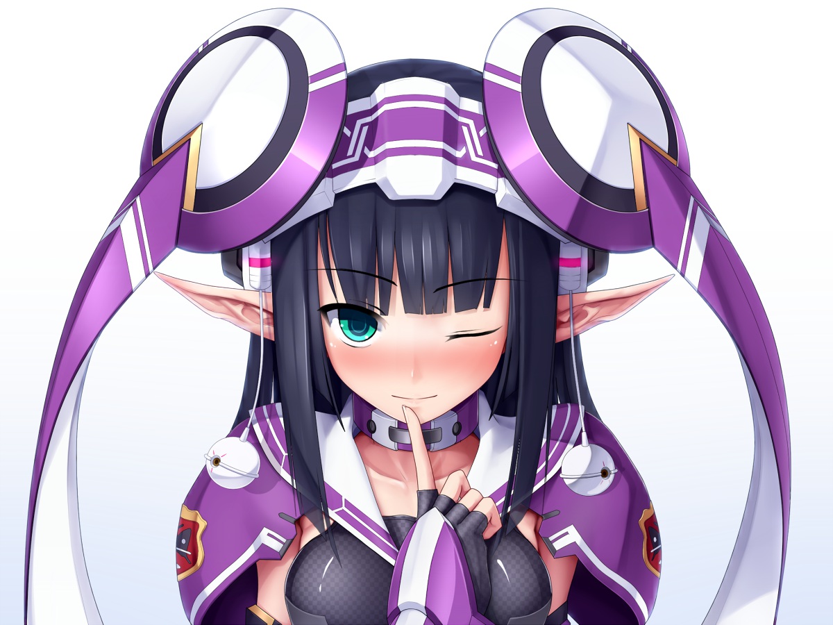 black_hair, eto, green_eyes, long_hair, phantasy_star, pointed_ears, white, wink, wiola_magica