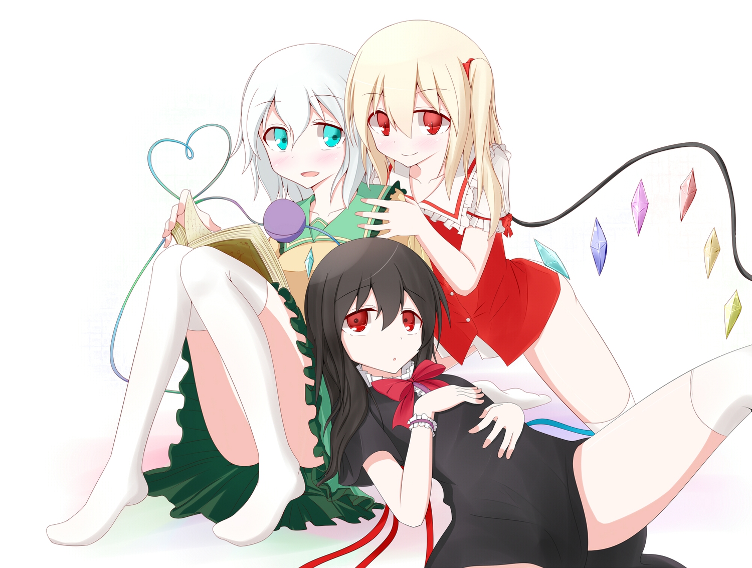 flandre_scarlet, houjuu_nue, komeiji_koishi, pspmaru, thighhighs, touhou, vampire, white, wings