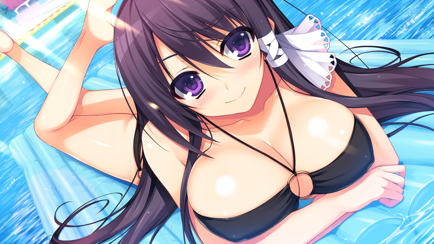 barefoot, bikini, breasts, game_cg, long_hair, mizuno_rin, pool, purple_eyes, purple_hair, reminiscence, swimsuit, tigre_soft, tomose_shunsaku, water