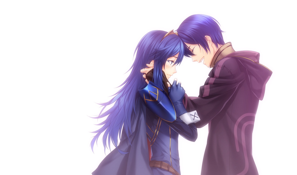armor, blue_eyes, blue_hair, cape, fire_emblem, gloves, lucina_(fire_emblem), male, my_unit_(fire_emblem), pesu_(penpen), tiara, white