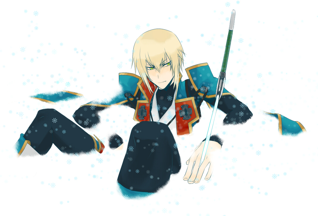 all_male, blazblue, blonde_hair, green_eyes, jin_kisaragi, male, noco, snow