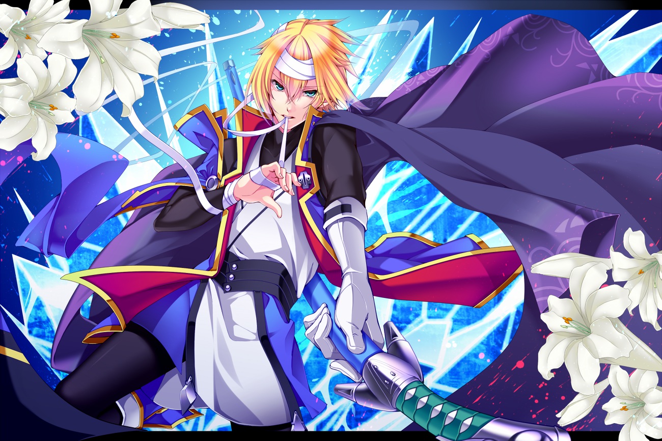 all_male, bandage, blazblue, blonde_hair, blue_eyes, flowers, jin_kisaragi, katana