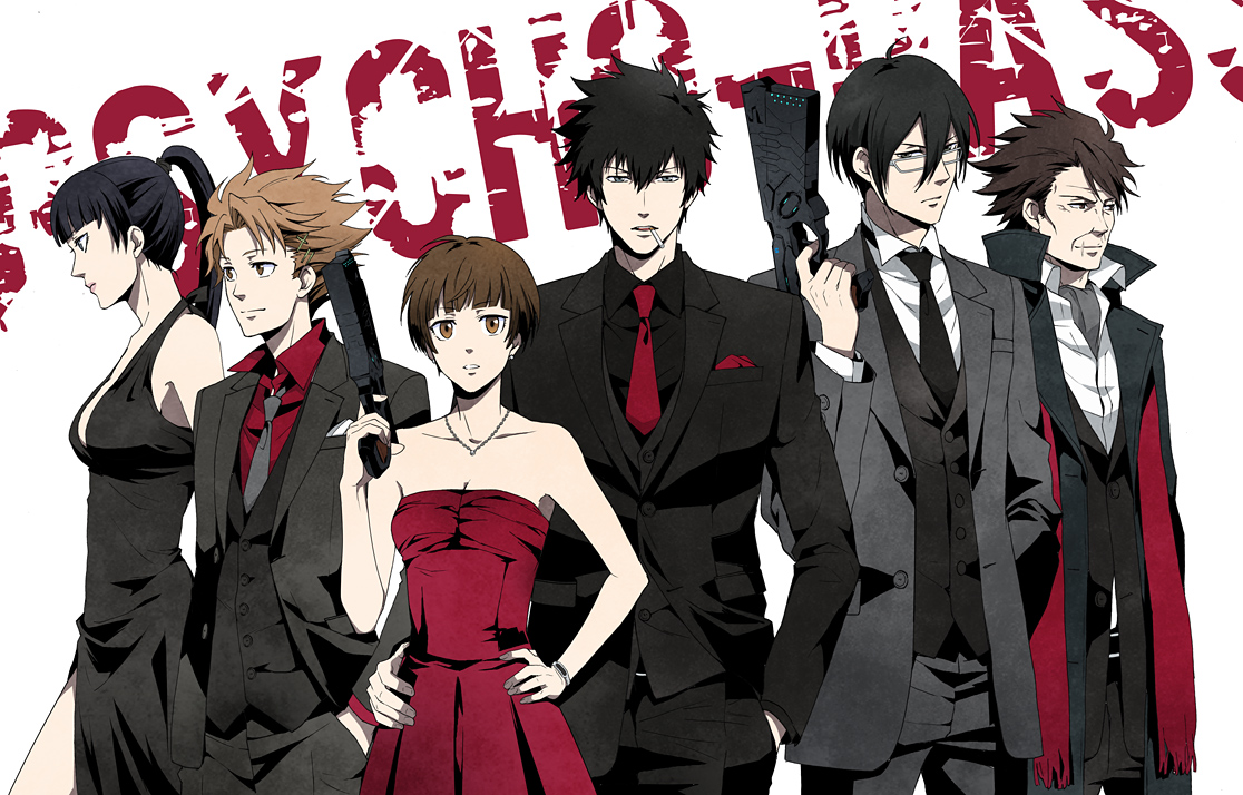 black_hair, brown_hair, cigarette, dress, ginoza_nobuchika, glasses, group, gun, kagari_shuusei, kougami_shinya, kunizuka_yayoi, male, masaoka_tomomi, psycho-pass, rontaso, smoking, suit, tie, tsunemori_akane, weapon