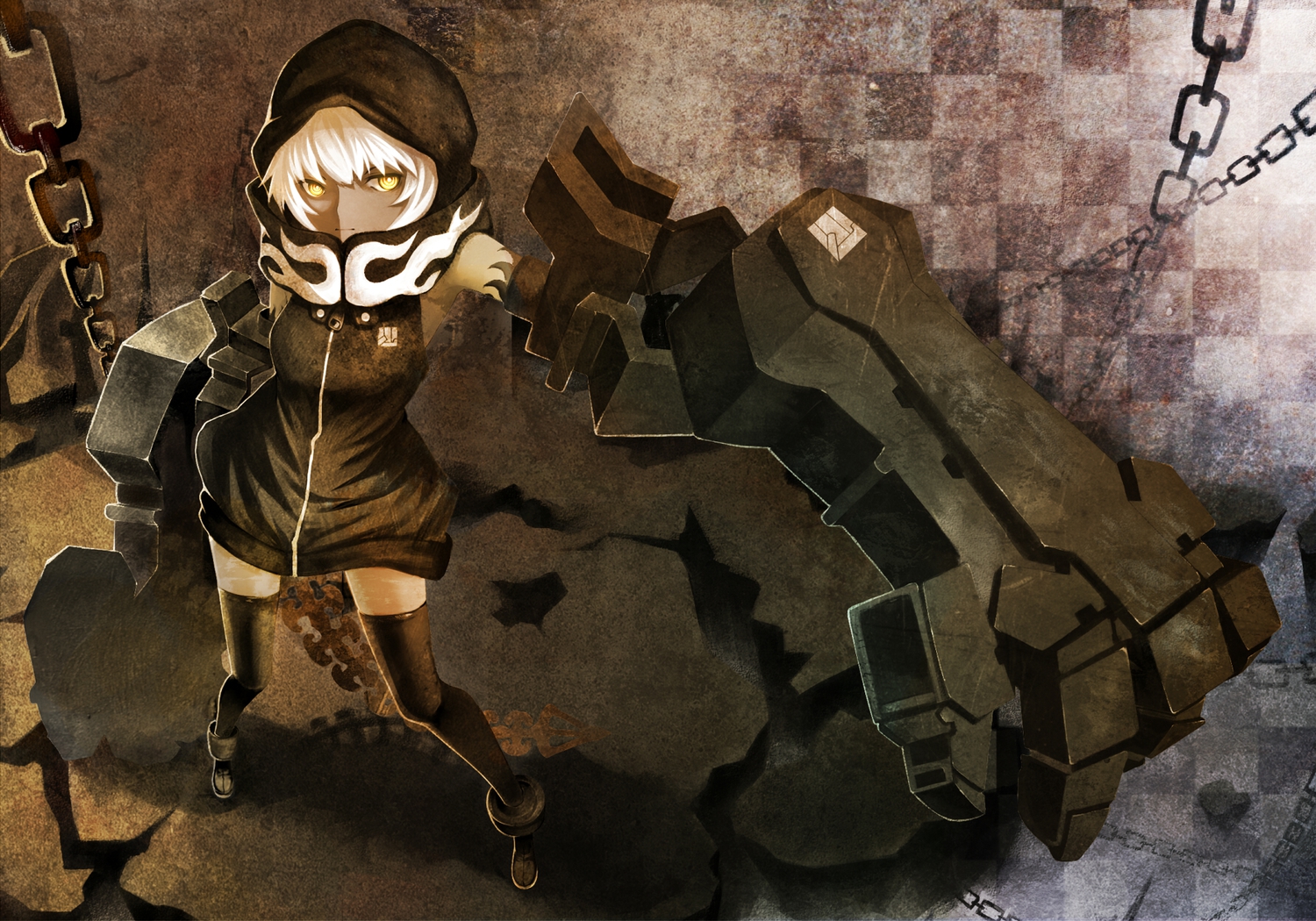 ayan, black_rock_shooter, chain, dark_skin, hood, koutari_yuu, tail, thighhighs