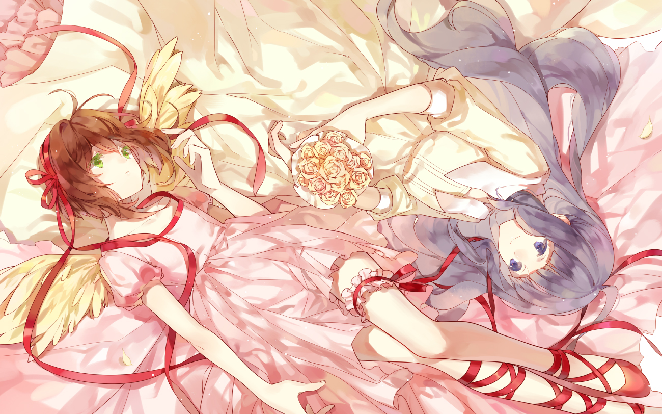 2girls, blue_eyes, brown_hair, card_captor_sakura, daidouji_tomoyo, dress, flat_chest, flowers