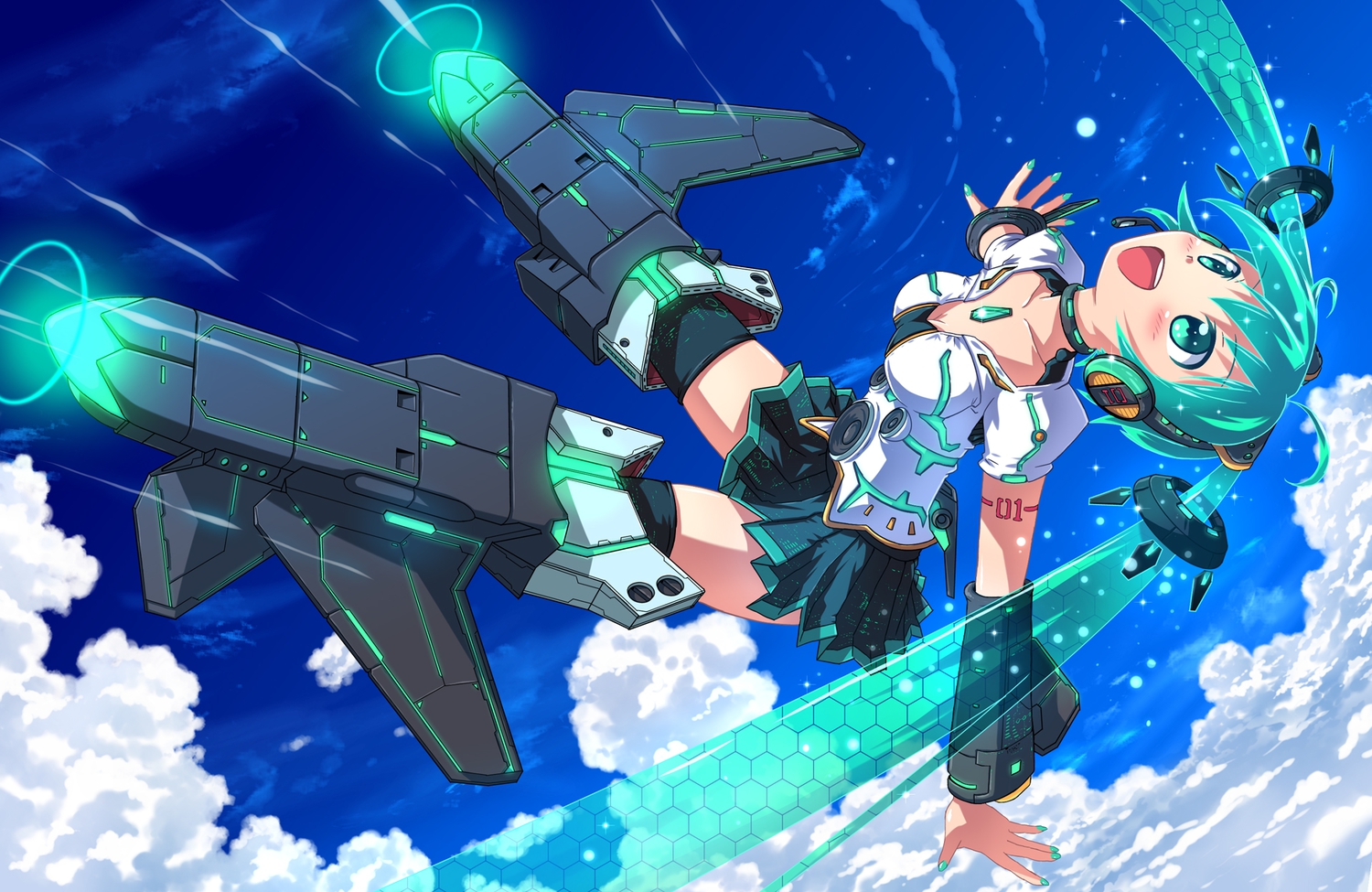 aki_(akisora_hiyori), clouds, crossover, green_eyes, green_hair, hatsune_miku, sky, strike_witches, twintails, vocaloid