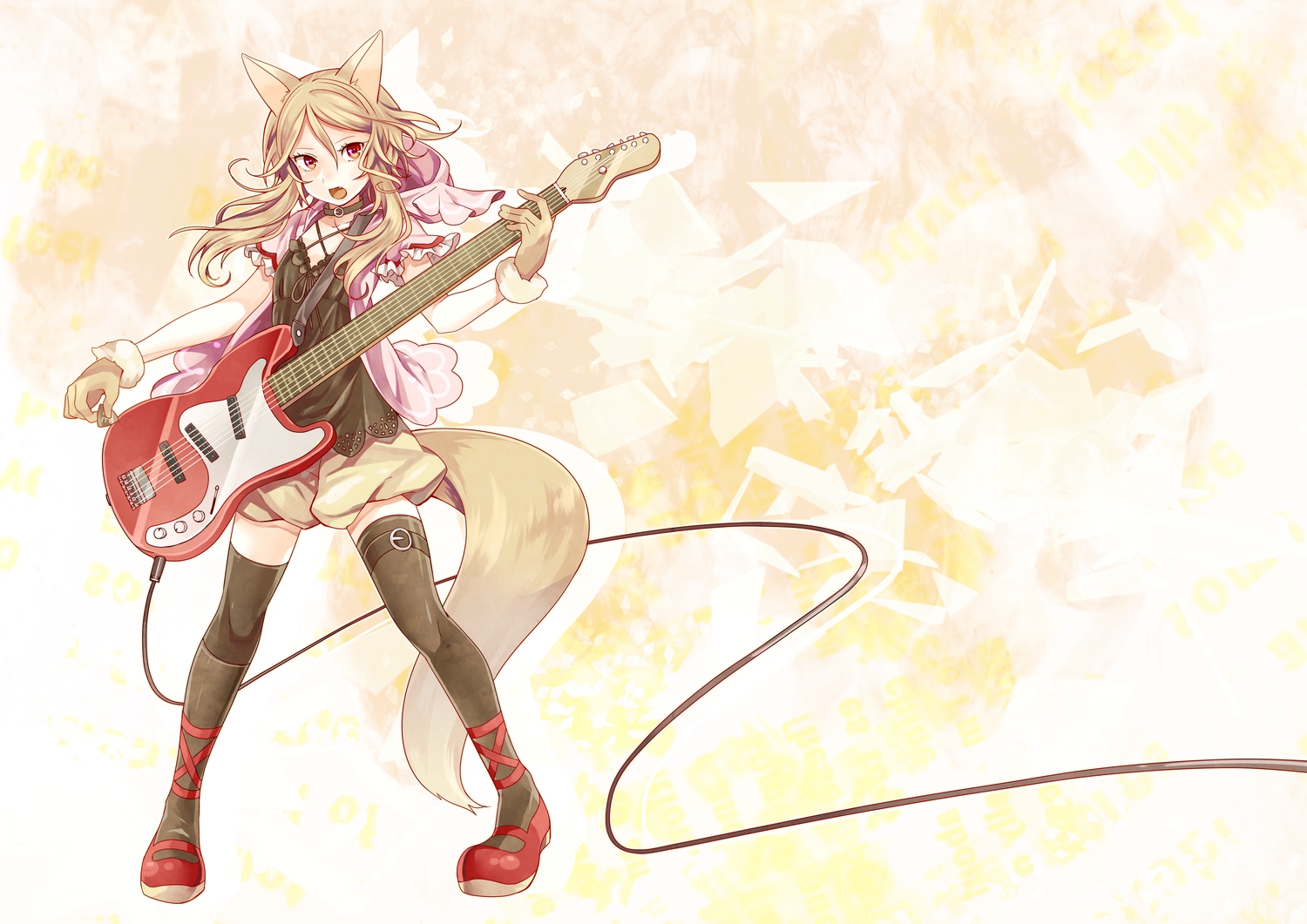 animal_ears, blonde_hair, choker, fang, guitar, instrument, ouka_miko, red_eyes, tail, thighhighs, toudou_charo, utau