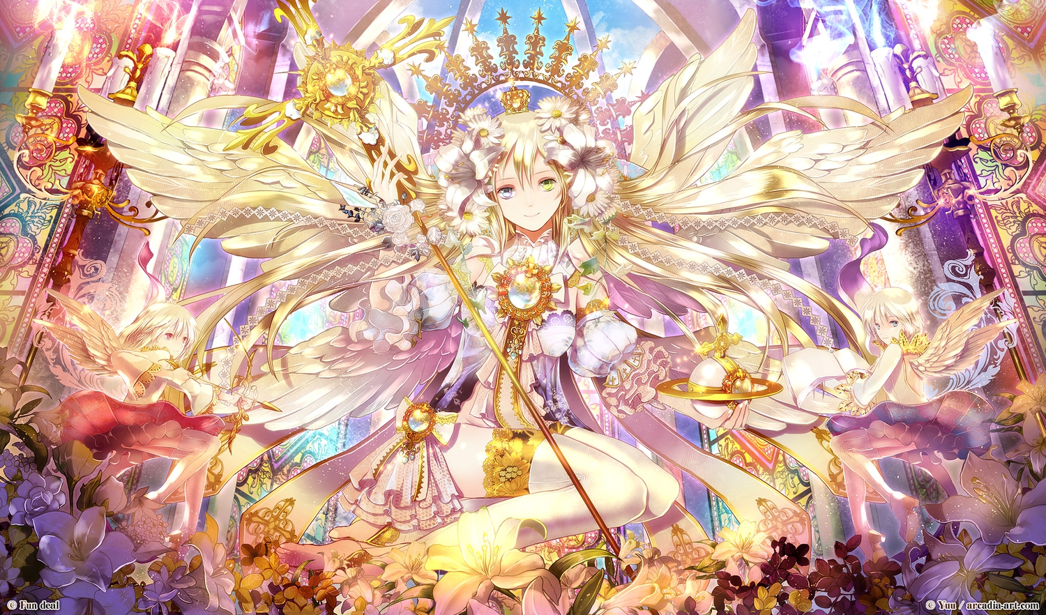 angel, bicolored_eyes, bow, bow_(weapon), flowers, original, radu, staff, thighhighs, watermark, weapon, white_hair, wings