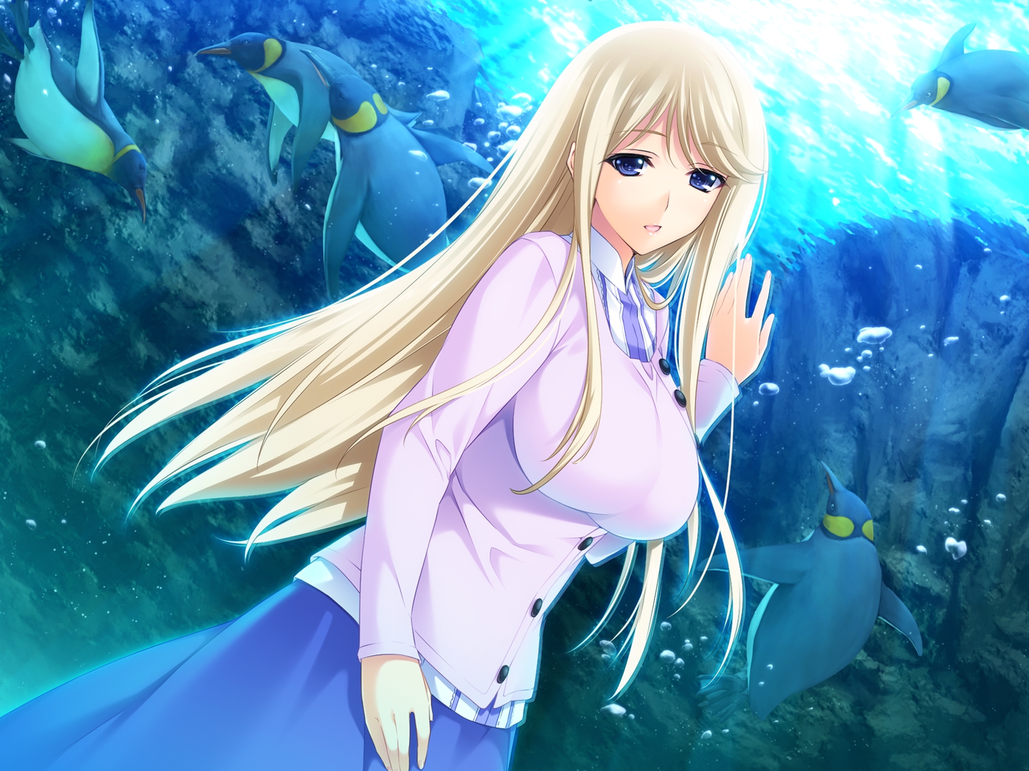 animal, bird, blonde_hair, blue_eyes, game_cg, iizuki_tasuku, long_hair, lovely_x_cation