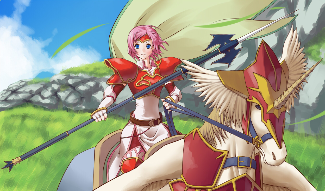 animal, armor, blue_eyes, cape, fire_emblem, horse, majin_(artist), marcia_(fire_emblem), pegasus, pink_hair, spear, weapon