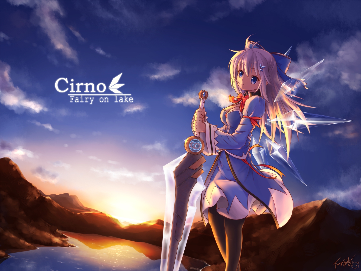 blue_eyes, bow, breasts, cirno, cleavage, clouds, dress, fairy