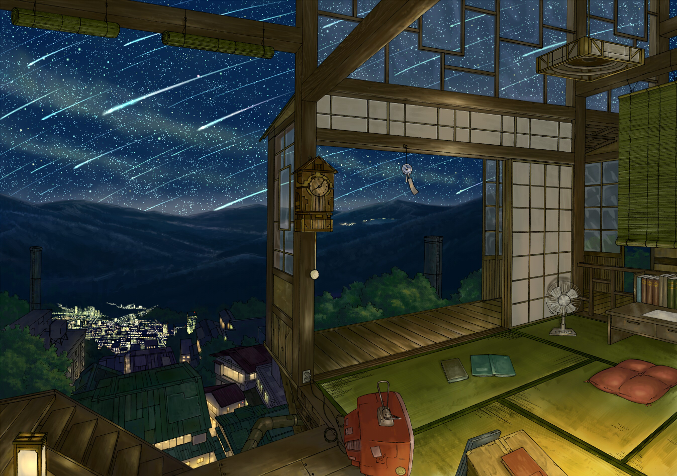 book, building, city, hotaka, landscape, night, original, scenic, sky, stairs, stars