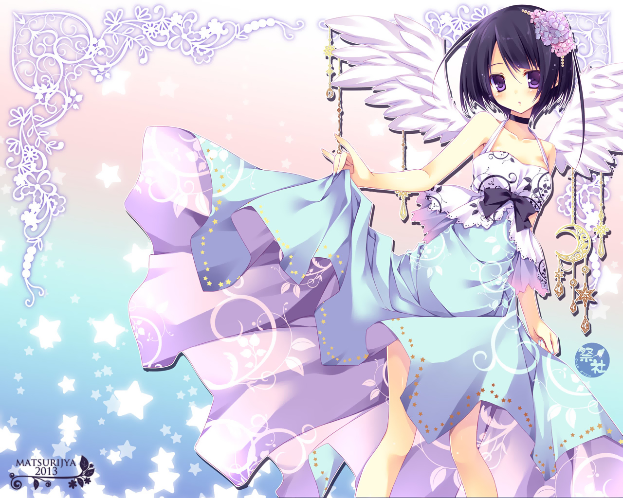 black_hair, bow, choker, dress, flowers, nanaroba_hana, original, purple_eyes