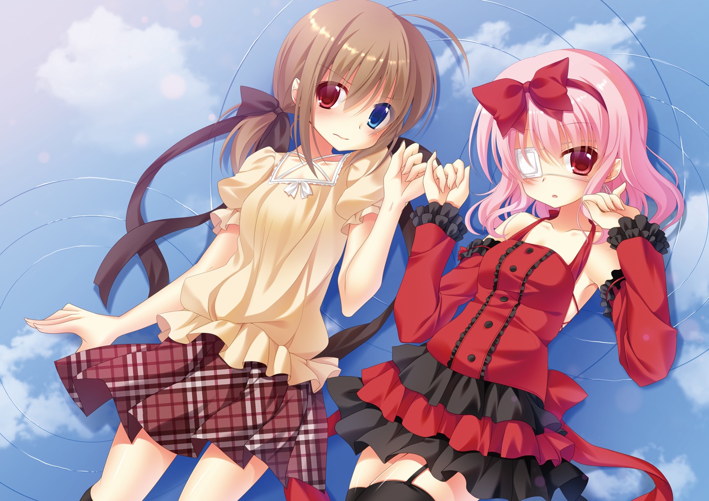 2girls, bicolored_eyes, brown_hair, eyepatch, nakada_rumi, original, pink_hair, skirt, water