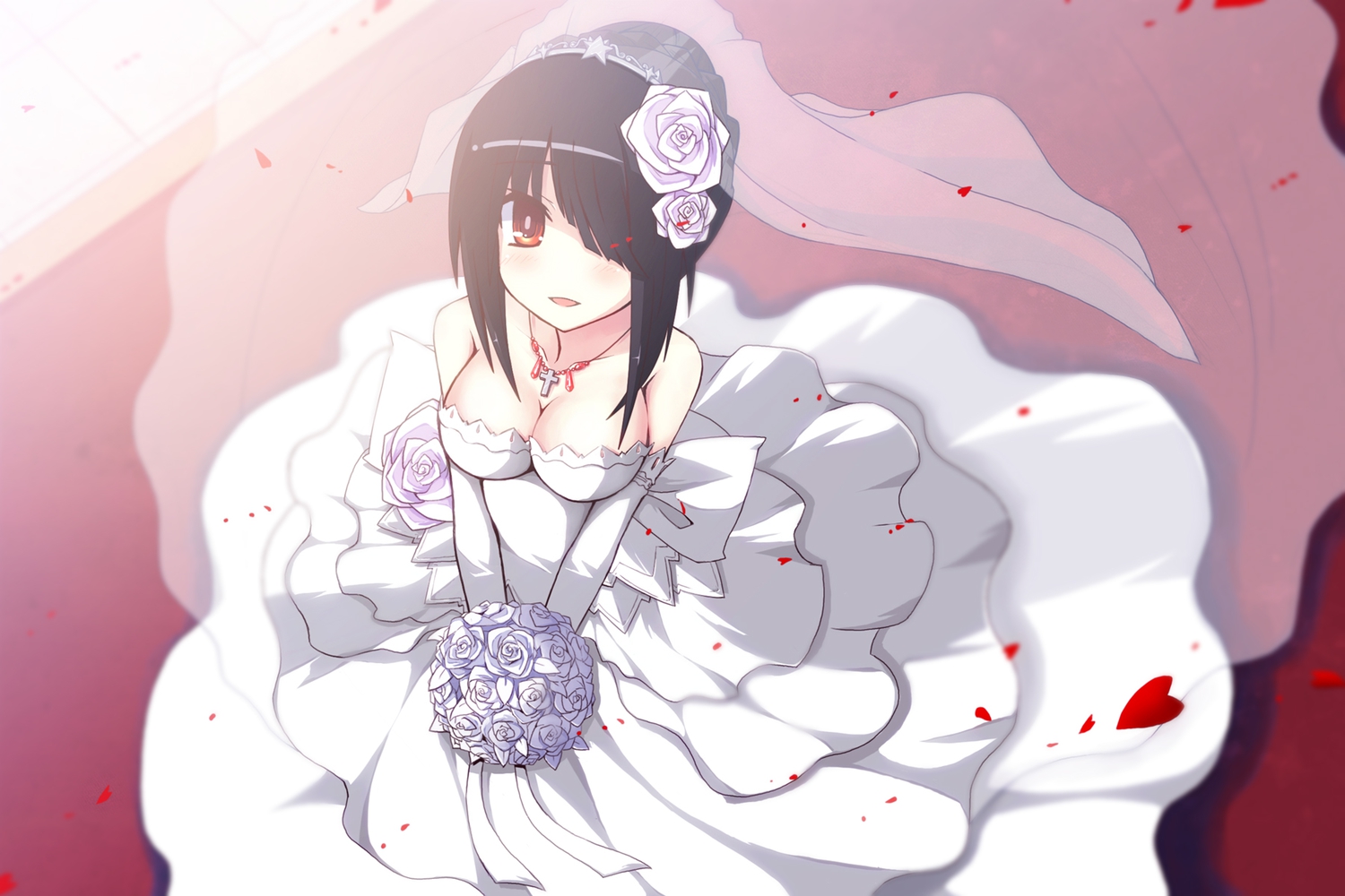black_hair, breasts, cleavage, date_a_live, dress, flowers, necklace, petals