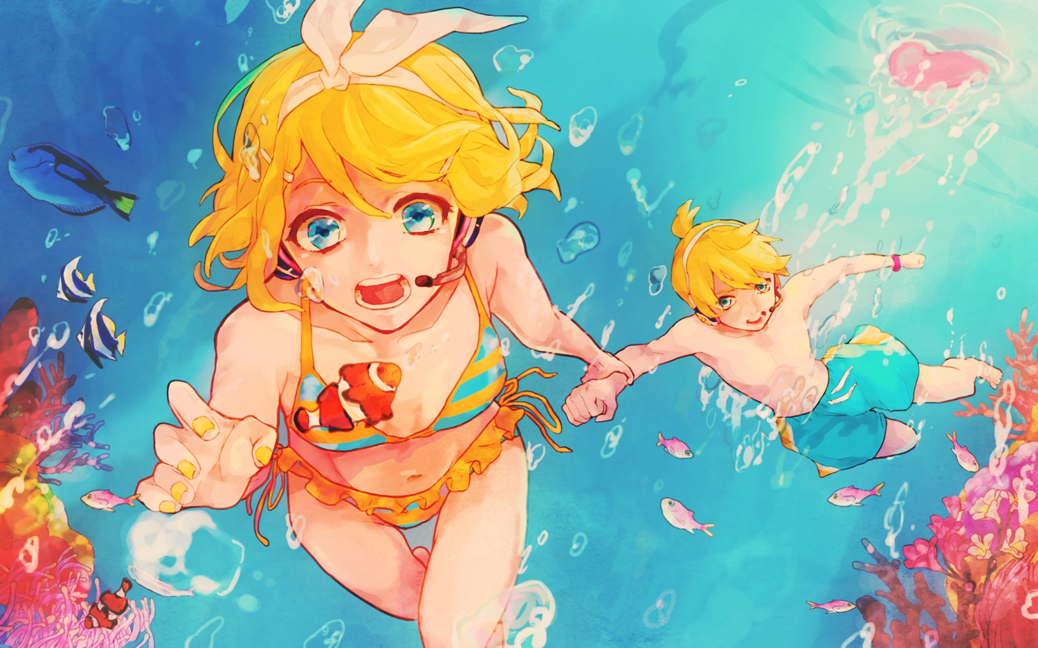 animal, bikini, fish, kagamine_len, kagamine_rin, male, shiroxx0094, swimsuit