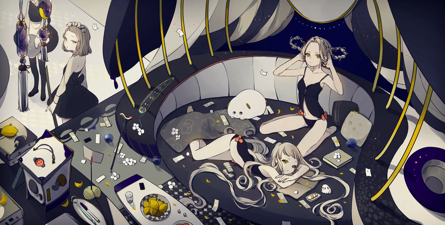 animal, bow, braids, couch, drink, flowers, food, fruit, gray_hair, headdress, long_hair, navel, original, short_hair, thighhighs, toinana, yellow_eyes
