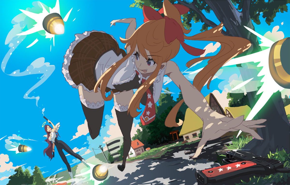 2girls, gun, original, seiji1209, weapon, wings