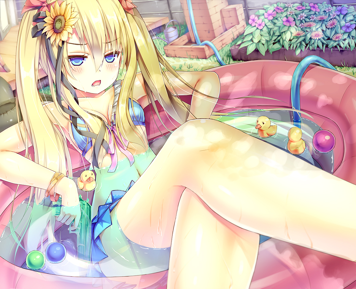 bikini, blonde_hair, blue_eyes, breasts, cleavage, flowers, gun, original, peragura, swimsuit, twintails, water, weapon, wet