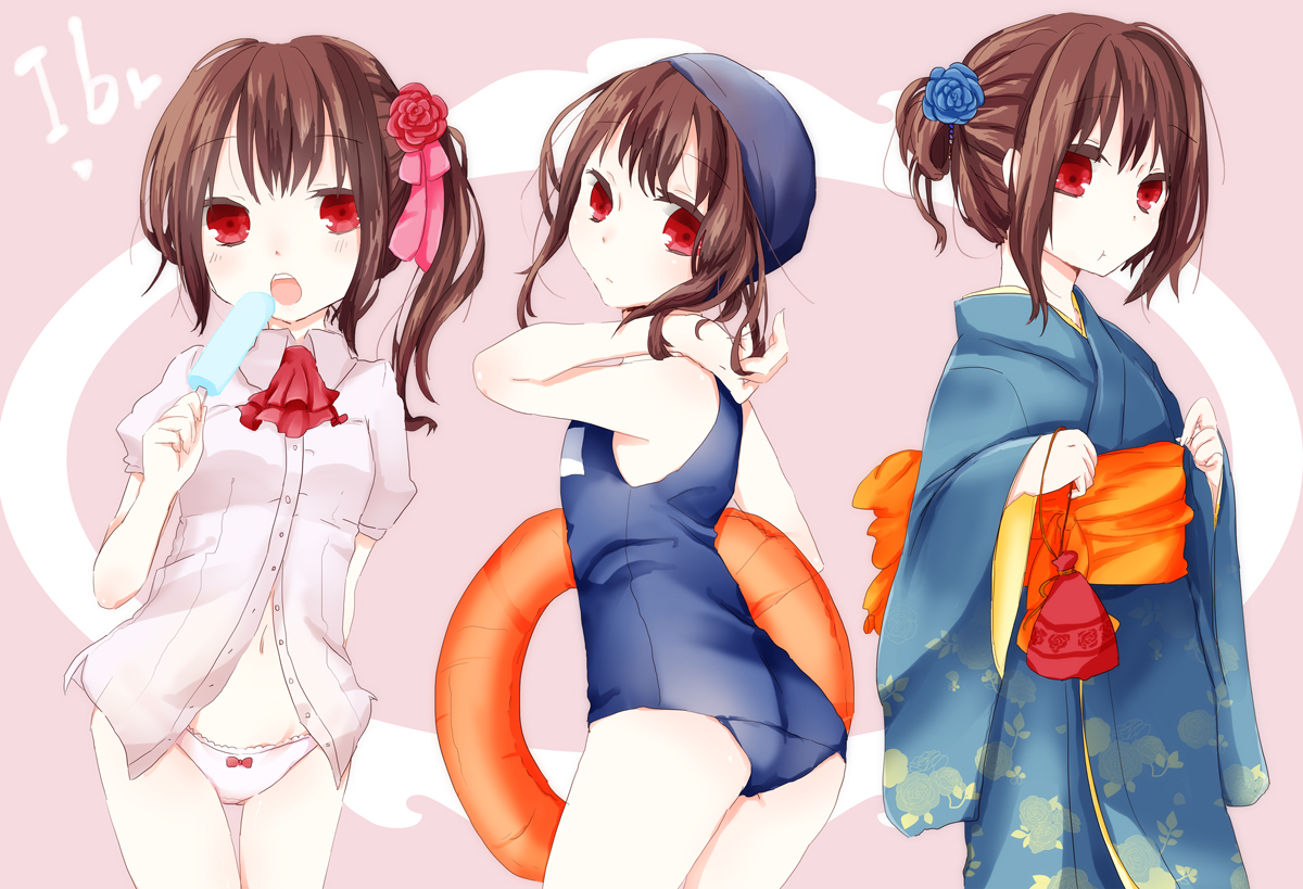brown_hair, flowers, ib, ib_(ib), japanese_clothes, moegi0926, panties, ponytail