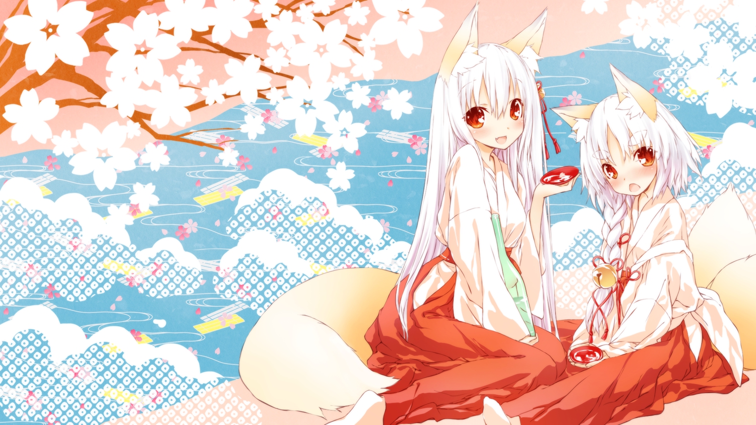 animal_ears, bell, braids, drink, foxgirl, japanese_clothes, long_hair, original