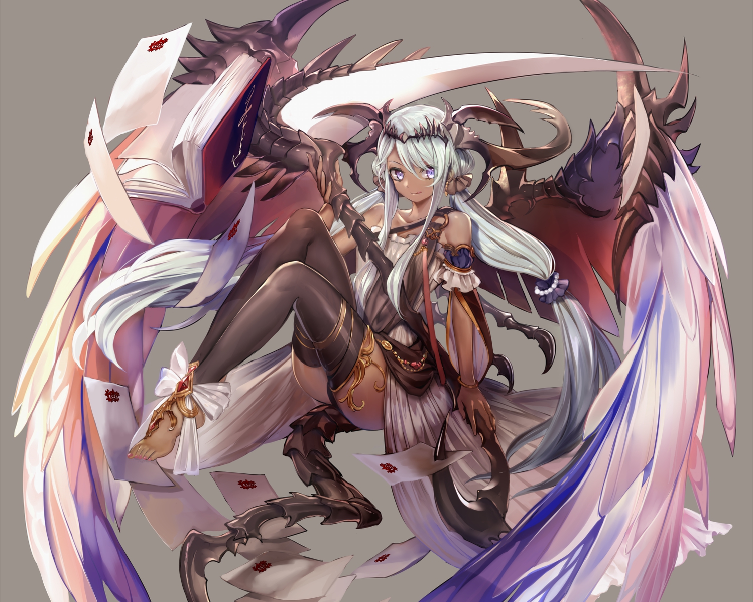 book, dark_skin, demon, mizushirazu, original, scythe, tail, thighhighs, weapon, wings
