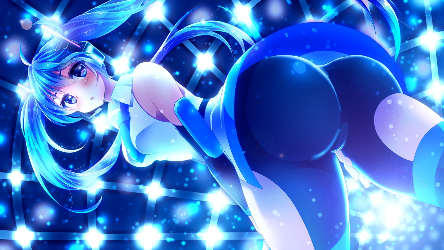 ass, blue_eyes, blue_hair, blush, hatsune_miku, headphones, twintails, urara_(sumairuclover), vocaloid