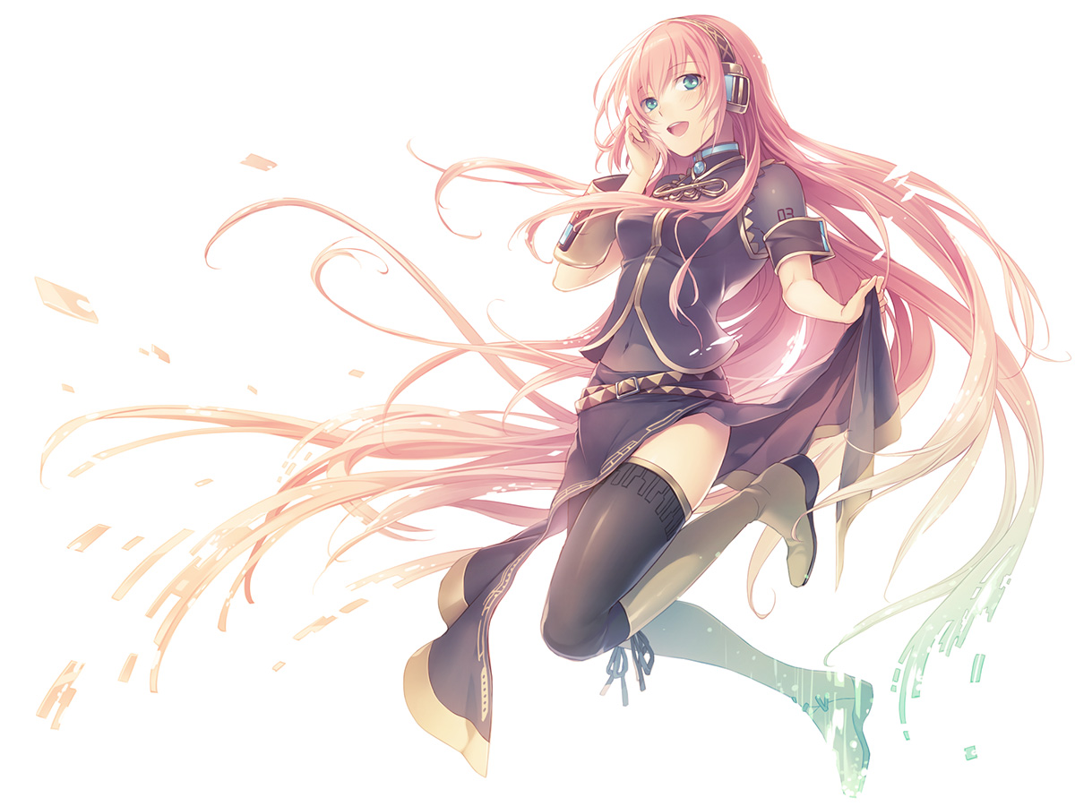 blue_eyes, headphones, long_hair, maro_(nikeneko523), megurine_luka, pink_hair, thighhighs, vocaloid, white