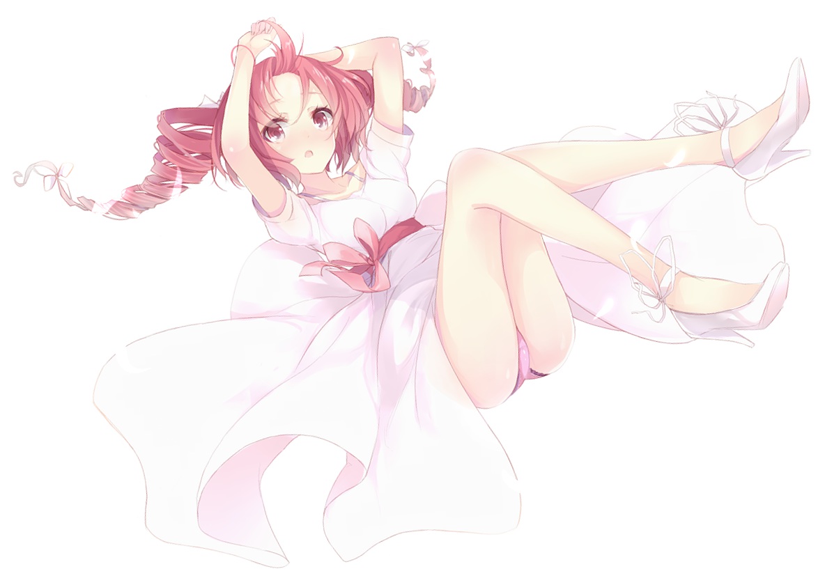 blush, dress, kasane_teto, kojiki-life, panties, pink_eyes, pink_hair, ribbons, twintails, underwear, utau
