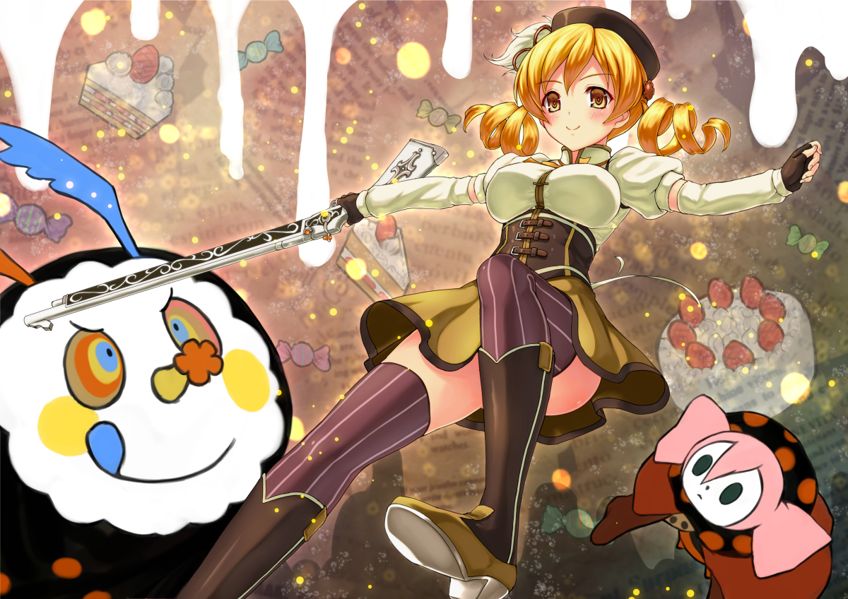 blonde_hair, cake, charlotte_(mahou_shoujo_madoka_magica), food, gun, mahou_shoujo_madoka_magica, shimashima_salmon, thighhighs, tomoe_mami, weapon, yellow_eyes