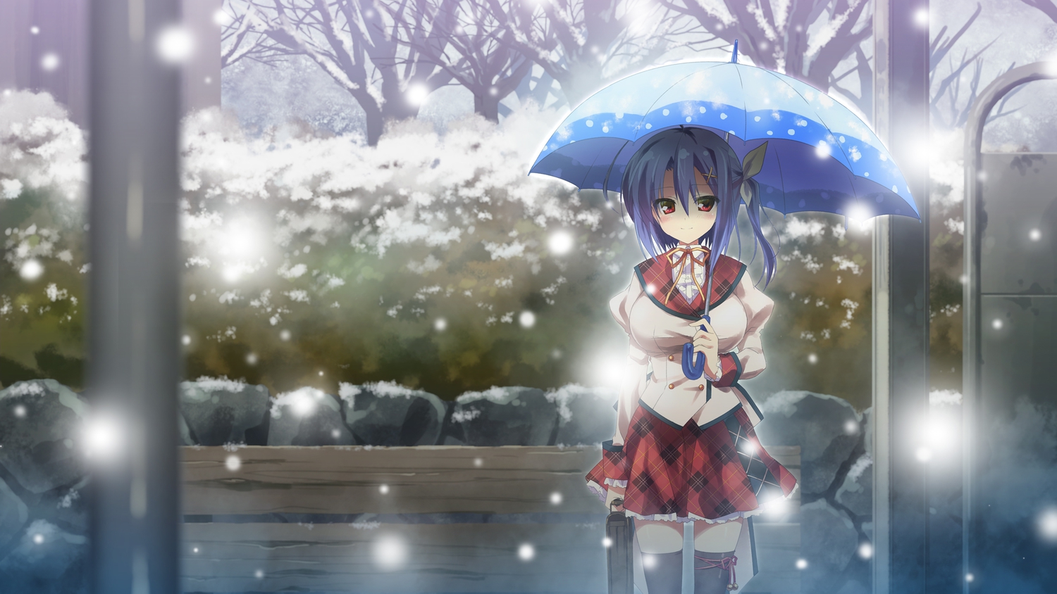 12_no_tsuki_no_eve, blue_hair, minori, school_uniform, shiina_anzu, shouna_mitsuishi, snow, umbrella
