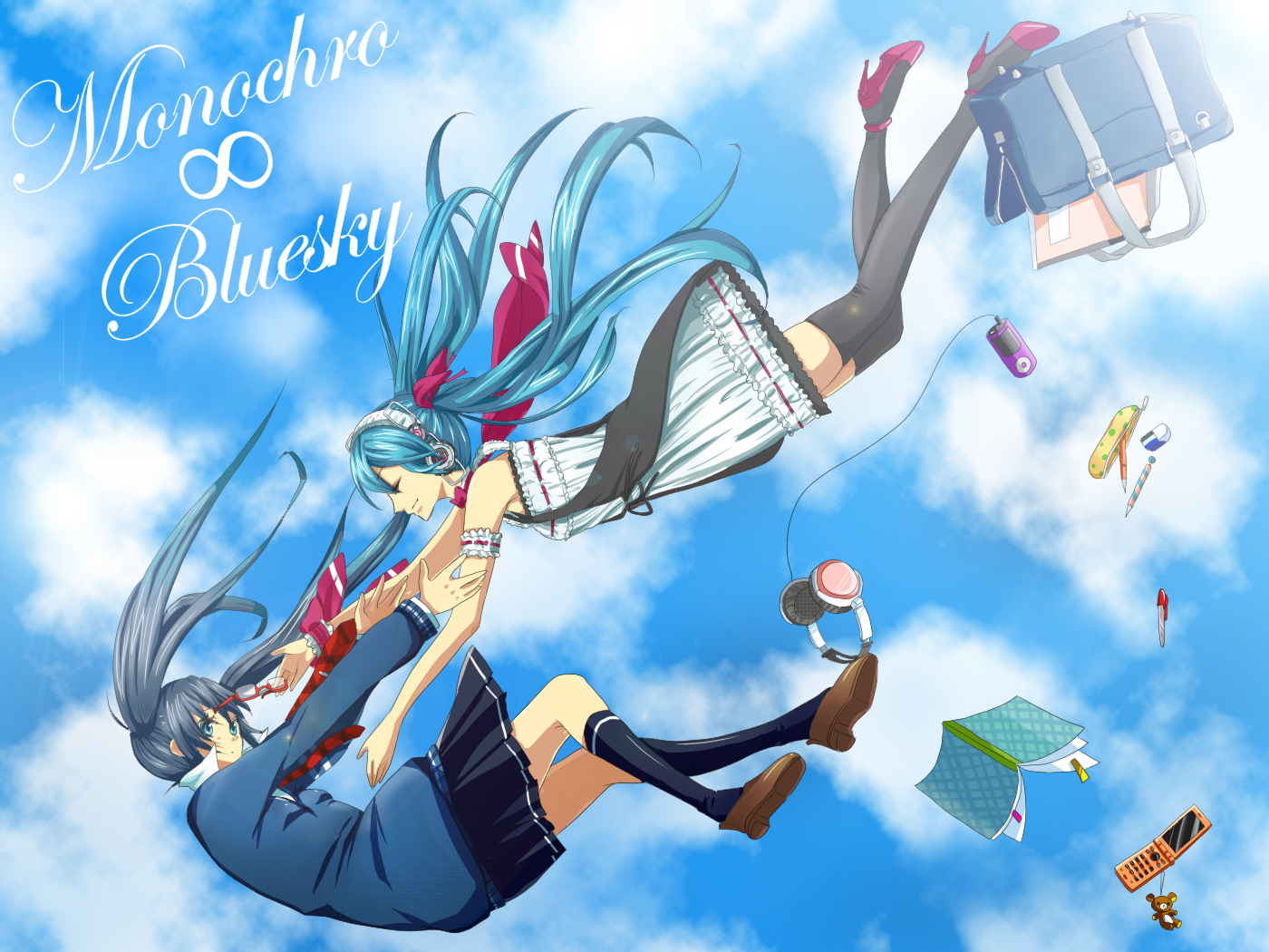 clouds, glasses, hatsune_miku, headphones, ipod, kneehighs, kuruchi, monochro_blue_sky_(vocaloid)
