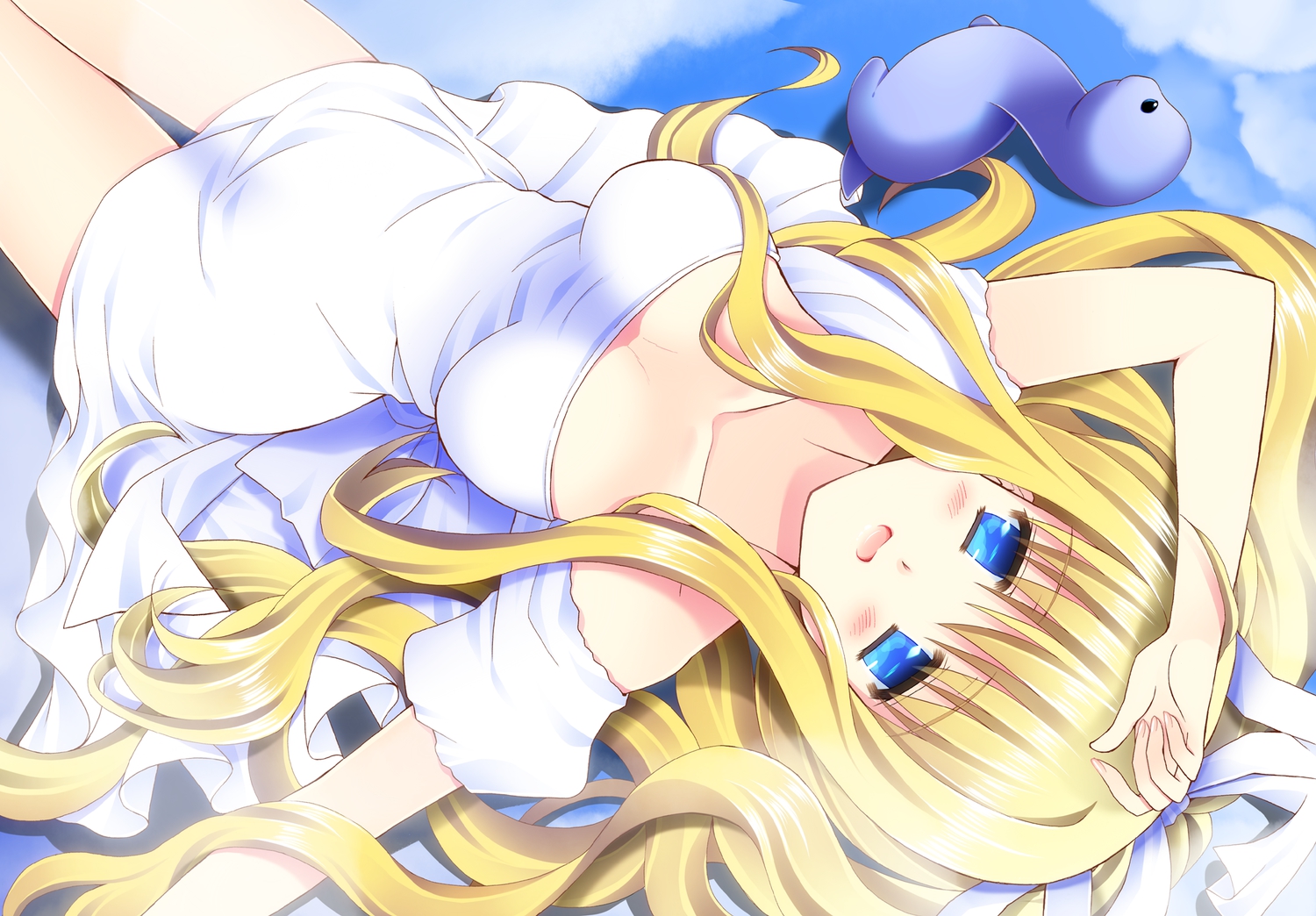 air, blonde_hair, blue_eyes, blush, breasts, cleavage, clouds, dress
