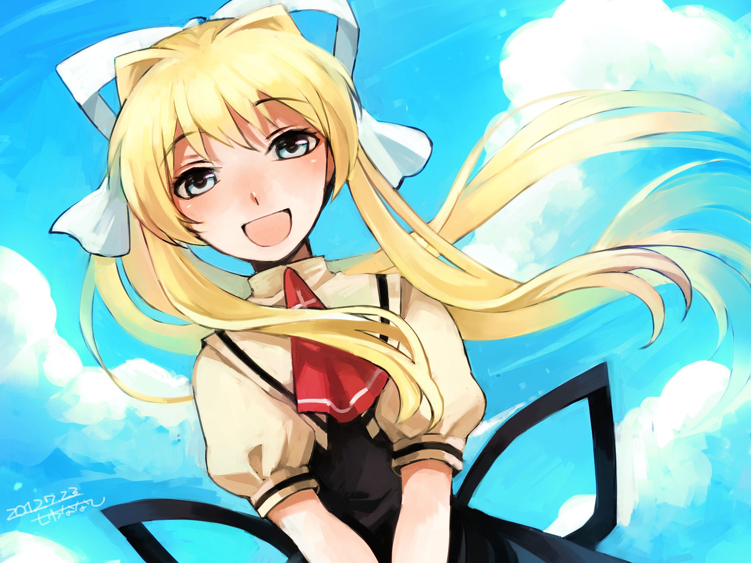 74_(teduka), air, blonde_hair, blue_eyes, bow, clouds, kamio_misuzu, ponytail, school_uniform, signed, sky