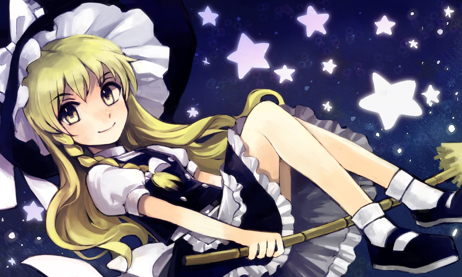 74_(teduka), blonde_hair, bow, braids, hat, kirisame_marisa, socks, stars, touhou, witch, witch_hat, yellow_eyes