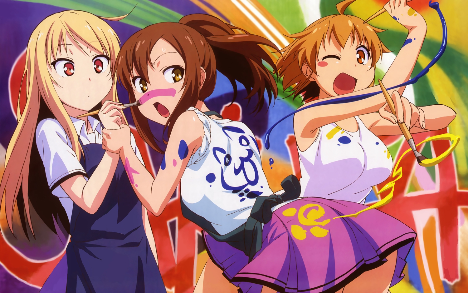 aoyama_nanami, apron, blonde_hair, brown_eyes, brown_hair, fujii_masahiro, kamiigusa_misaki, long_hair, ponytail, red_eyes, sakura-sou_no_pet_na_kanojo, scan, shiina_mashiro, short_hair, skirt, wink, yellow_eyes
