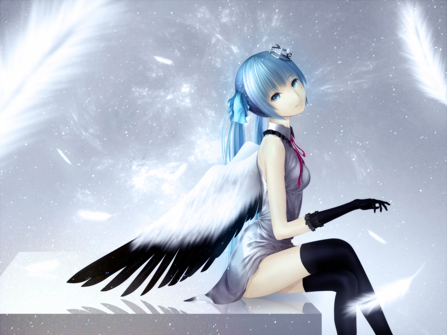 blue_eyes, blue_hair, crown, elbow_gloves, feathers, gloves, hatsune_miku, long_hair